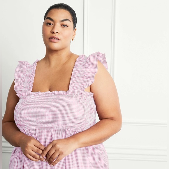 New! HILL HOUSE HOME Ellie Nap Tiered Midi Dress in Pink Gingham - Picture 7 of 13